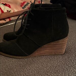 Toms Black Suede Ankle Booties with Brown Wedge